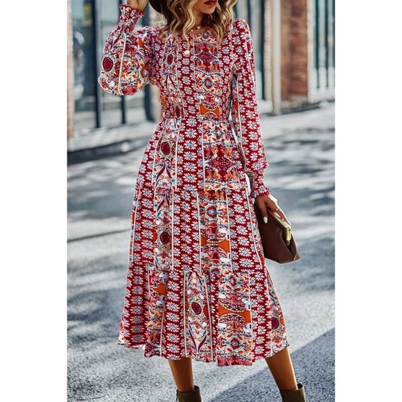 Patchwork Smocked Puff Sleeve Tiered Midi Dress - Picture 12 of 15